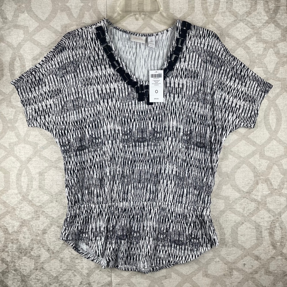 Chico's Etched Necklace Peplum Top Women 0 Black White Abstract Short Sleeve NWT